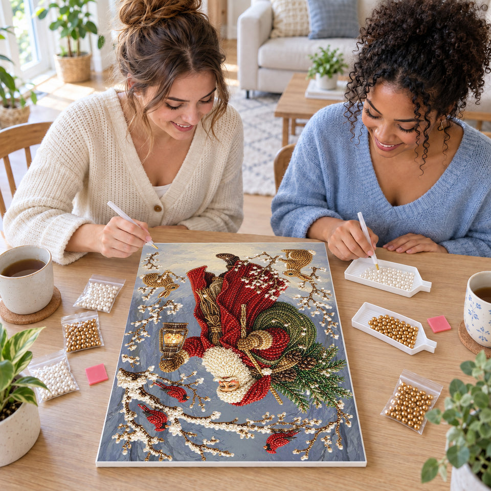 Two friends creating one shared Pearl artwork — Woodland Santa with a Lantern and Rabbits. Pearl diamond painting DIY kit by Isuvio.