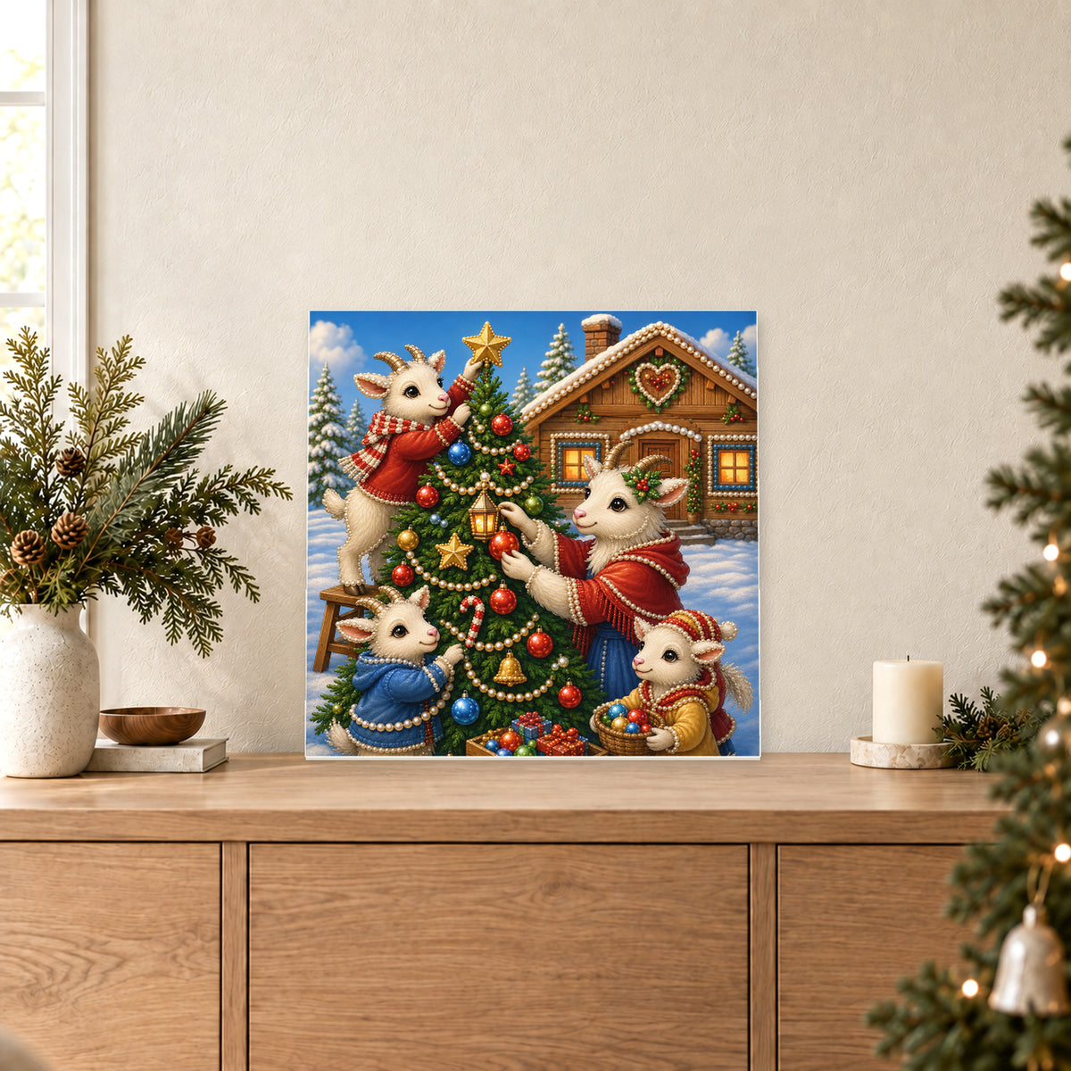 Cabras navideñas decorando un árbol junto a un chalé