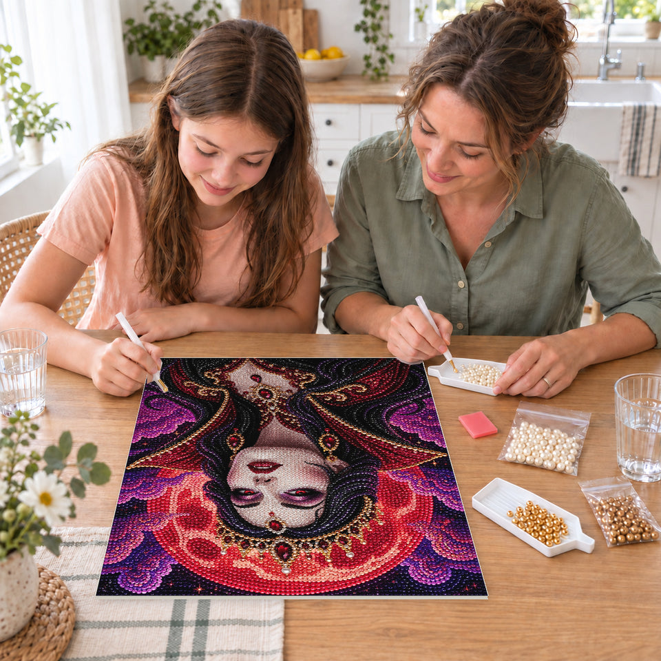 Mother and daughter creating one shared Pearl artwork — Gothic Queen Beneath a Crimson Moon. Pearl diamond painting DIY kit by Isuvio.