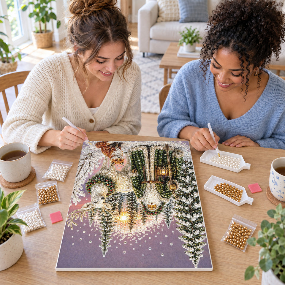 Two friends creating one shared Pearl artwork — Forest Father Christmas and Fox. Pearl diamond painting DIY kit by Isuvio.