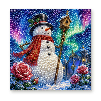 Straight dimensional white-background mockup of the complete artwork — Snowman with a Birdhouse beneath the Aurora. Pearl diamond painting DIY kit by Isuvio.