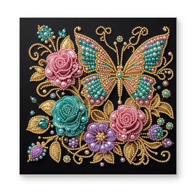 Straight dimensional white-background mockup of the complete artwork — Jewel Butterfly with Pink and Teal Roses. Pearl diamond painting DIY kit by Isuvio.