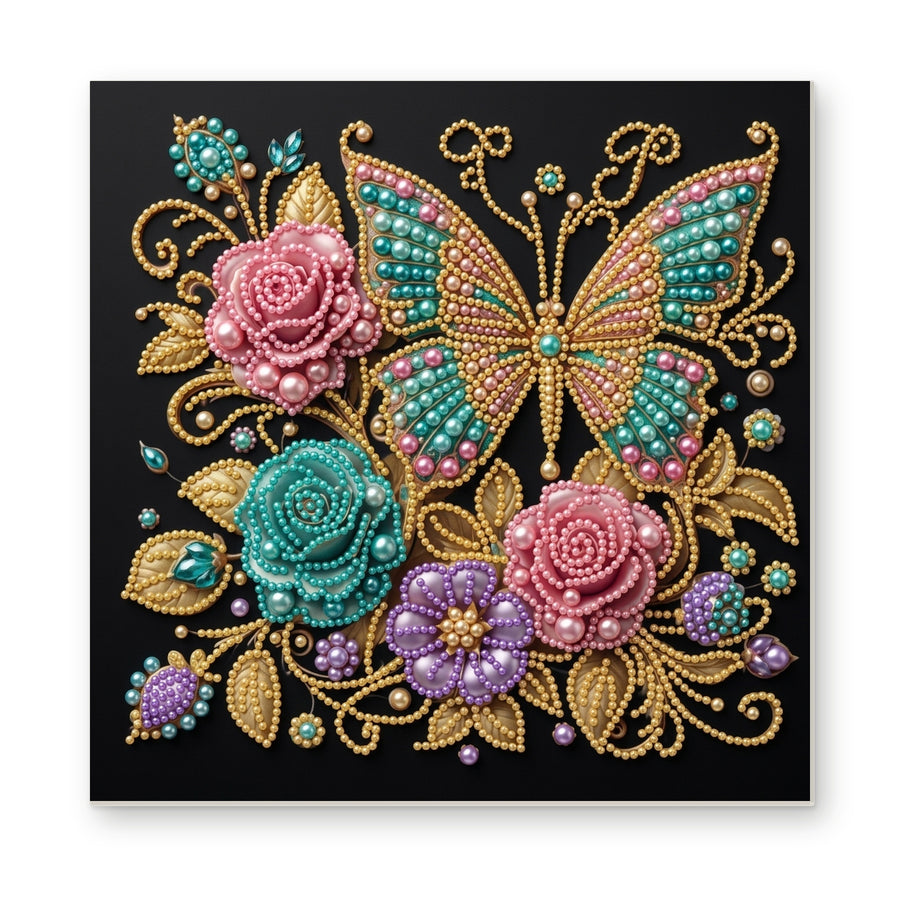 Straight dimensional white-background mockup of the complete artwork — Jewel Butterfly with Pink and Teal Roses. Pearl diamond painting DIY kit by Isuvio.