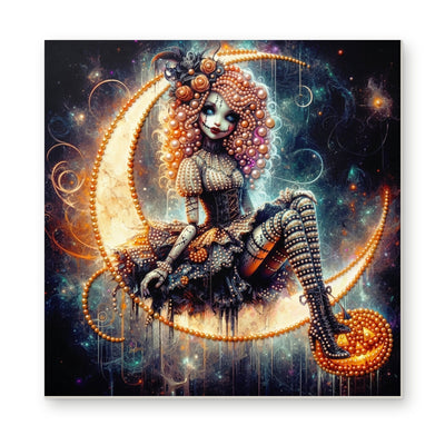 Straight dimensional white-background mockup of the complete artwork — Gothic Skeleton Doll on a Crescent Moon. Pearl diamond painting DIY kit by Isuvio.