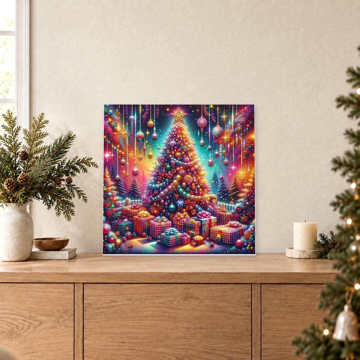 Árbol de Navidad arcoíris en una noche estrellada