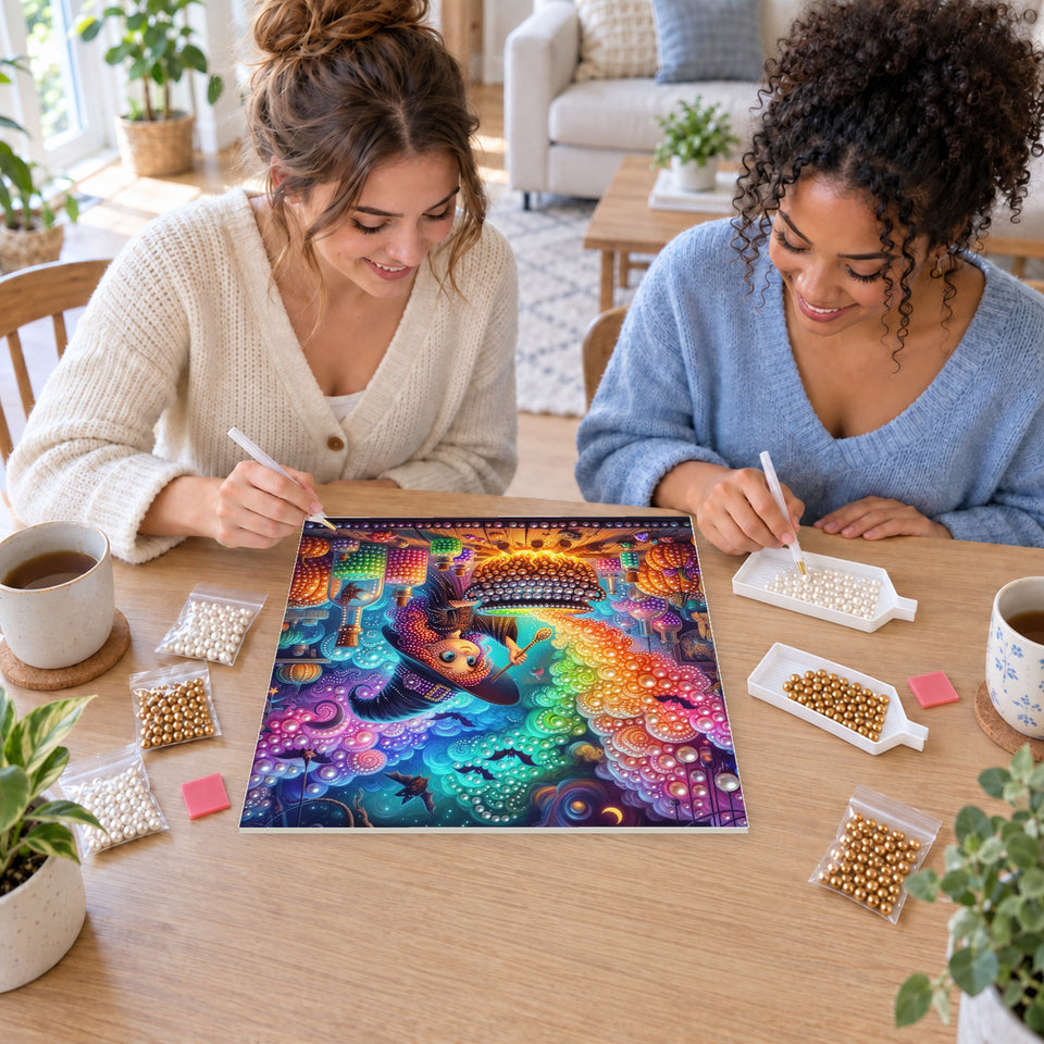 Two friends creating one shared Pearl artwork — Little Witch Brewing a Rainbow Potion. Pearl diamond painting DIY kit by Isuvio.