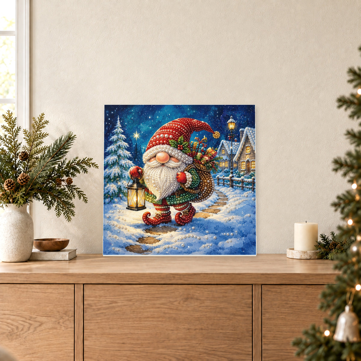Christmas Gnome on a Snowy Village Walk
