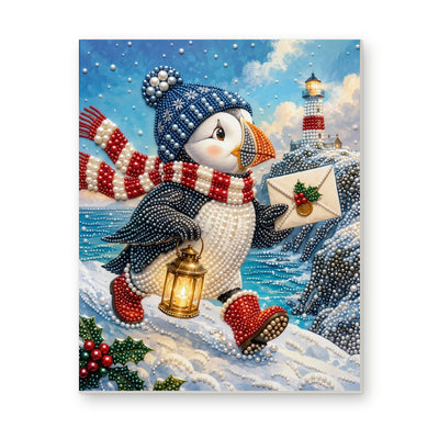 Straight dimensional white-background mockup of the complete artwork — Winter Puffin with a Lantern by the Lighthouse. Pearl diamond painting DIY kit by Isuvio.