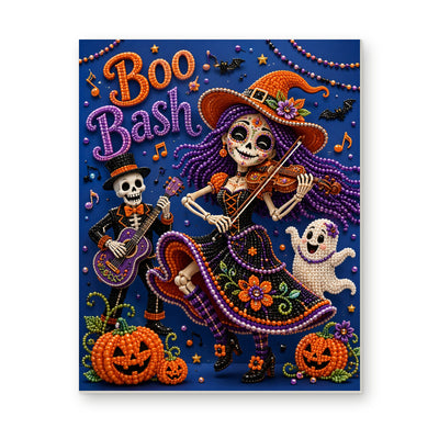 Straight dimensional white-background mockup of the complete artwork — Boo Bash Skeleton Violinist. Pearl diamond painting DIY kit by Isuvio.