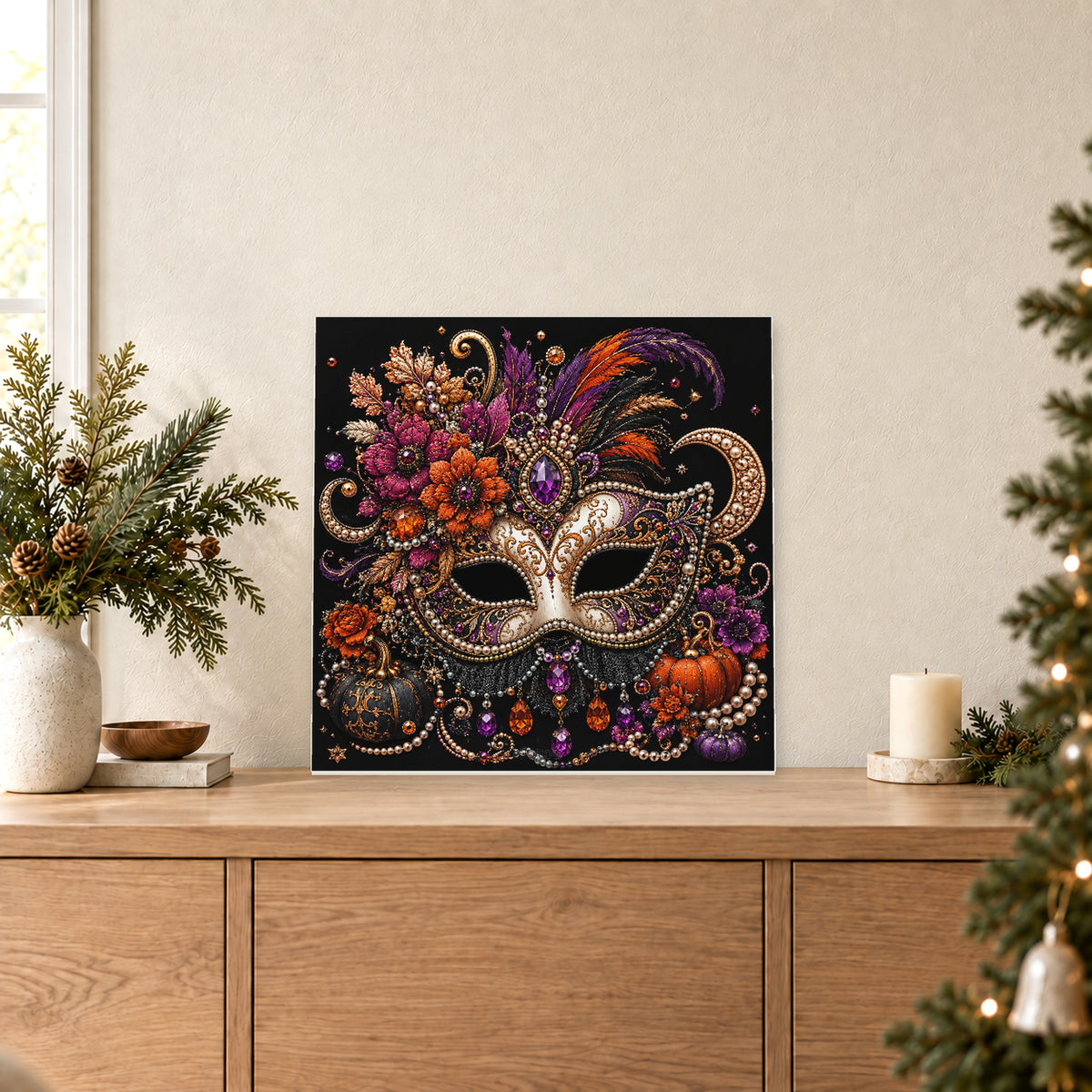 Antifaz de mascarada con flores otoñales y plumas