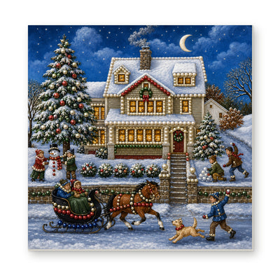 Straight dimensional white-background mockup of the complete artwork — Horse-Drawn Sleigh Outside a Snowy Christmas House. Pearl diamond painting DIY kit by Isuvio.