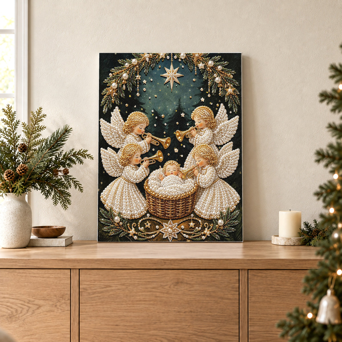 Quattro angeli di Natale e Gesù Bambino
