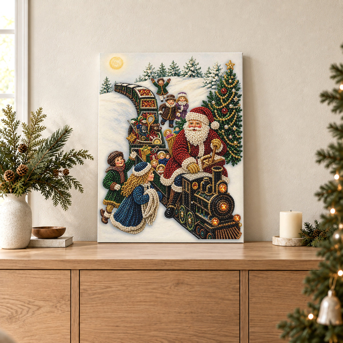 Le Père Noël et des enfants à bord d’un train de Noël