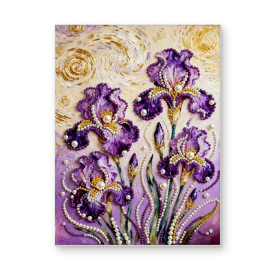 Straight dimensional white-background mockup of the complete artwork — Purple Irises Beneath a Swirling Golden Sky. Pearl diamond painting DIY kit by Isuvio.