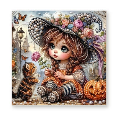 Straight dimensional white-background mockup of the complete artwork — Little Floral-Hat Witch with a Tabby Kitten. Pearl diamond painting DIY kit by Isuvio.
