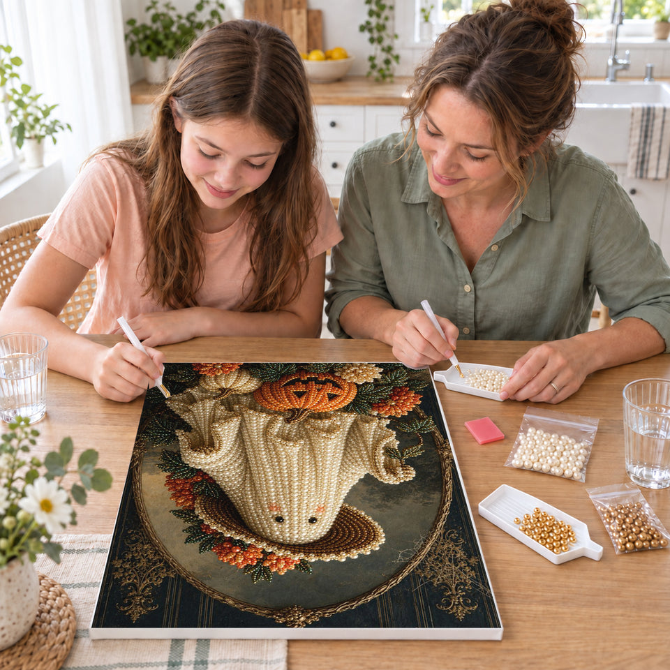 Mother and daughter creating one shared Pearl artwork — Harvest Ghost in a Flowered Straw Hat. Pearl diamond painting DIY kit by Isuvio.