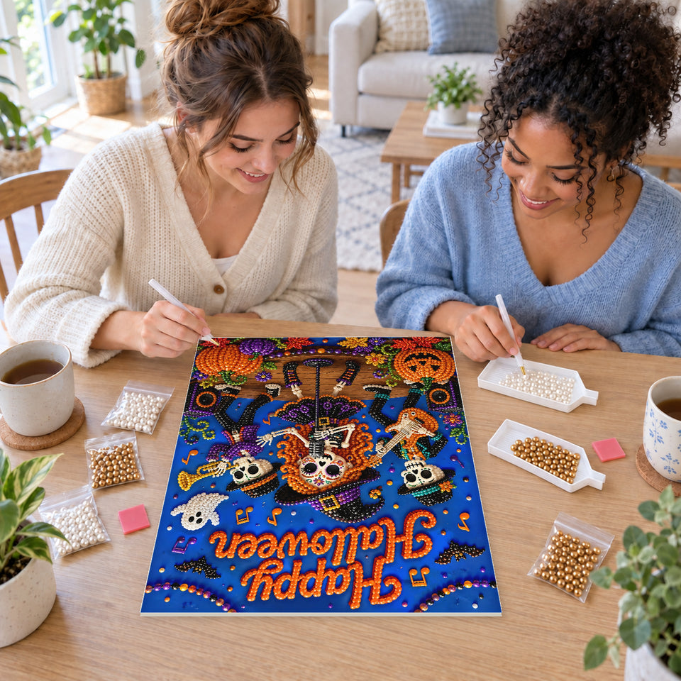 Two friends creating one shared Pearl artwork — Happy Halloween Skeleton Band. Pearl diamond painting DIY kit by Isuvio.