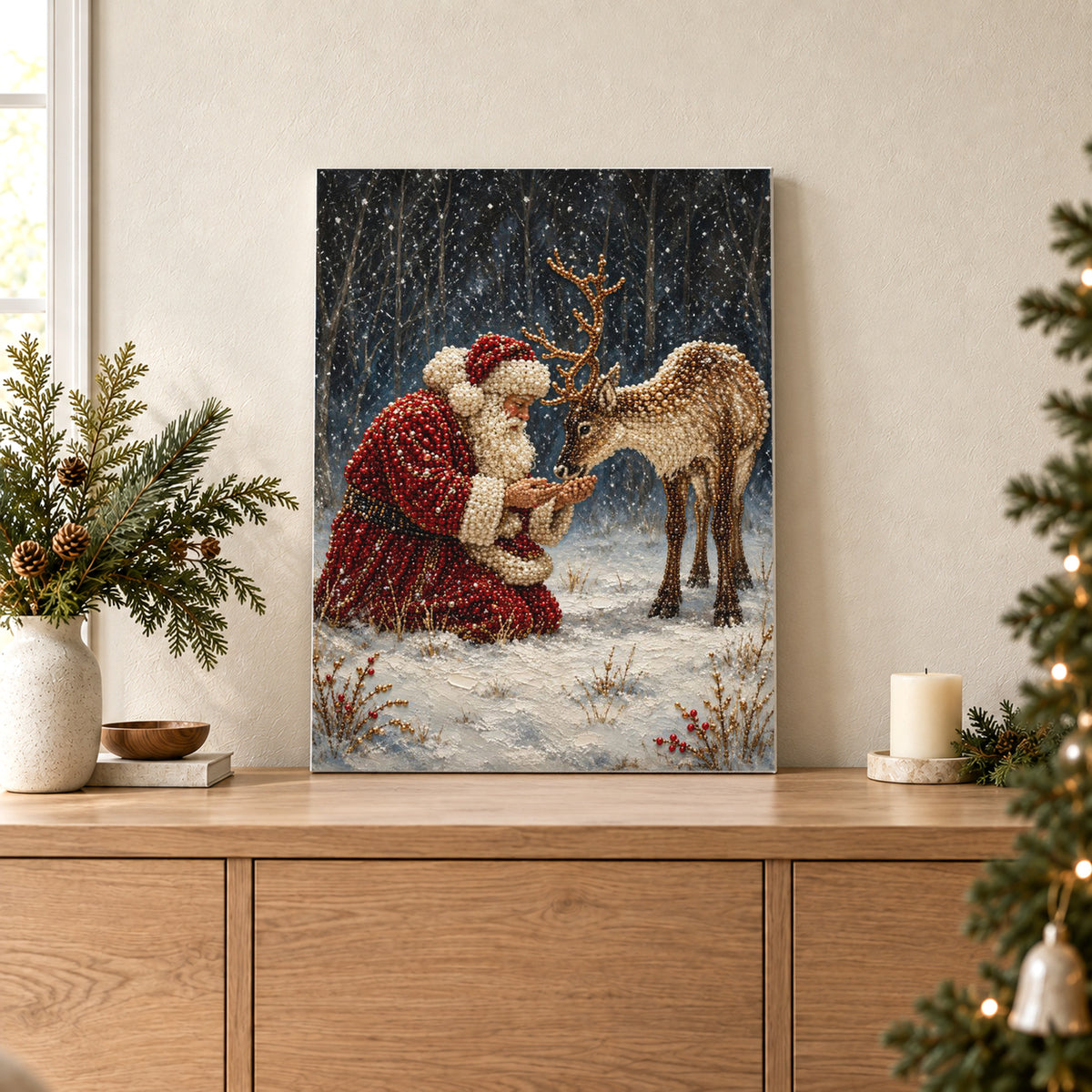 Père Noël nourrissant un renne dans la forêt enneigée