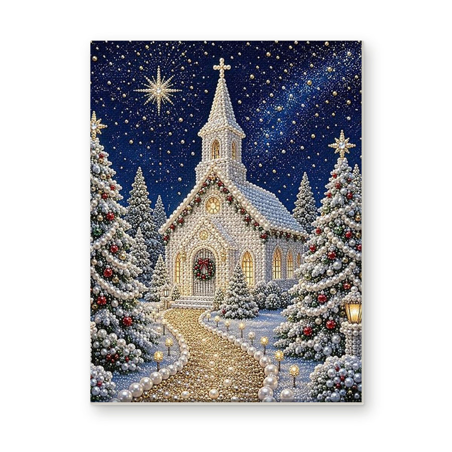 Straight dimensional white-background mockup of the complete artwork — Snowy Christmas Chapel Under the Stars. Pearl diamond painting DIY kit by Isuvio.