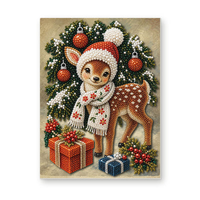 Straight dimensional white-background mockup of the complete artwork — Christmas Fawn in a Red Santa Hat. Pearl diamond painting DIY kit by Isuvio.