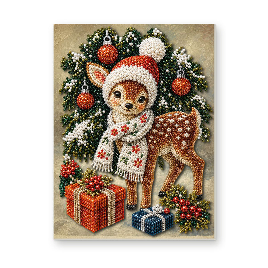 Straight dimensional white-background mockup of the complete artwork — Christmas Fawn in a Red Santa Hat. Pearl diamond painting DIY kit by Isuvio.