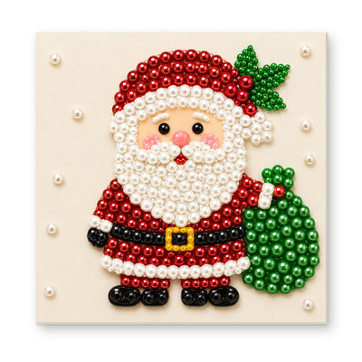 Straight dimensional white-background mockup of the complete artwork — Little Santa with a Green Gift Sack. Pearl diamond painting DIY kit by Isuvio.