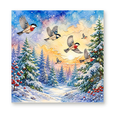 Straight dimensional white-background mockup of the complete artwork — Winter Birds over a Snowy Forest Path. Pearl diamond painting DIY kit by Isuvio.