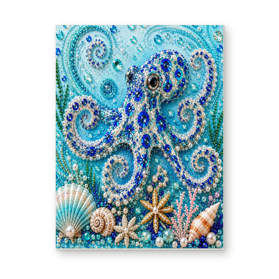 Straight dimensional white-background mockup of the complete artwork — Blue Octopus with Seashells and Starfish. Pearl diamond painting DIY kit by Isuvio.