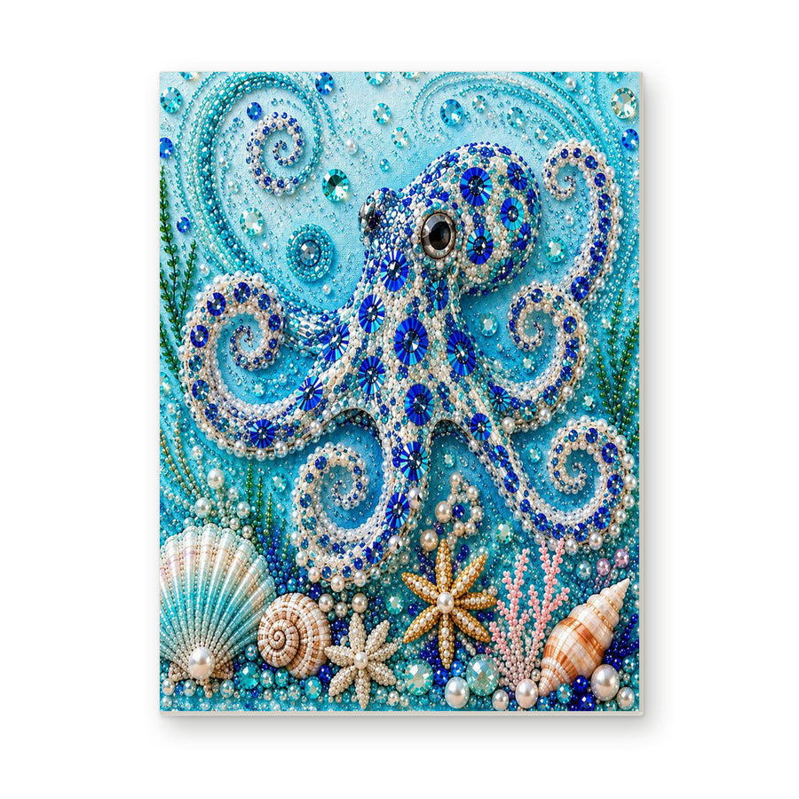 Straight dimensional white-background mockup of the complete artwork — Blue Octopus with Seashells and Starfish. Pearl diamond painting DIY kit by Isuvio.