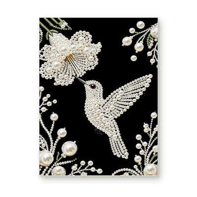 Straight dimensional white-background mockup of the complete artwork — White Pearl Hummingbird and Blossom on Black. Pearl diamond painting DIY kit by Isuvio.