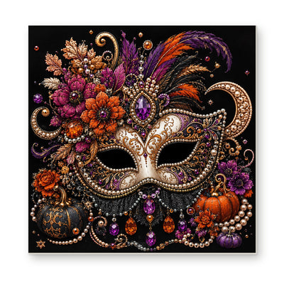 Straight dimensional white-background mockup of the complete artwork — Masquerade Mask with Autumn Flowers and Feathers. Pearl diamond painting DIY kit by Isuvio.