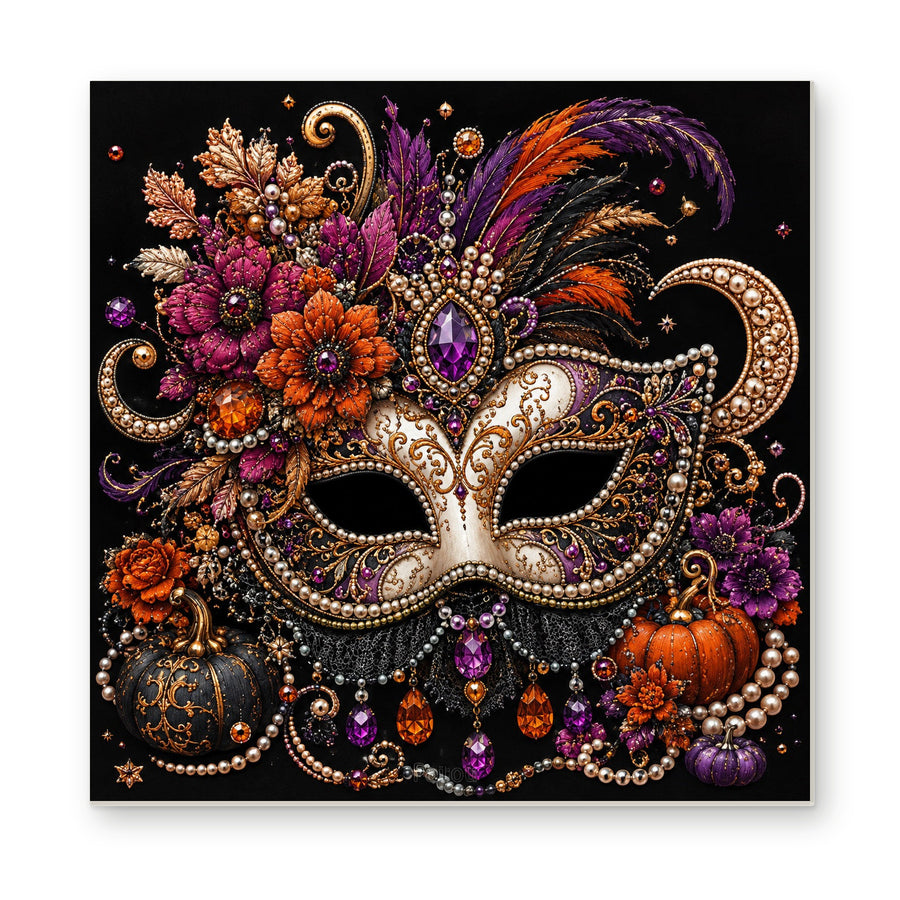 Straight dimensional white-background mockup of the complete artwork — Masquerade Mask with Autumn Flowers and Feathers. Pearl diamond painting DIY kit by Isuvio.
