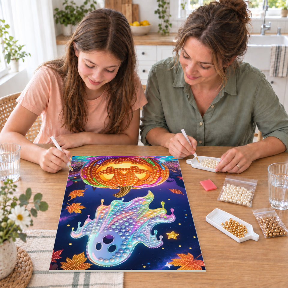 Mother and daughter creating one shared Pearl artwork — Rainbow Pearl Ghost Above a Glowing Pumpkin. Pearl diamond painting DIY kit by Isuvio.