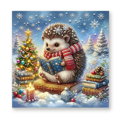 Straight dimensional white-background mockup of the complete artwork — Reading Hedgehog on Christmas Books. Pearl diamond painting DIY kit by Isuvio.