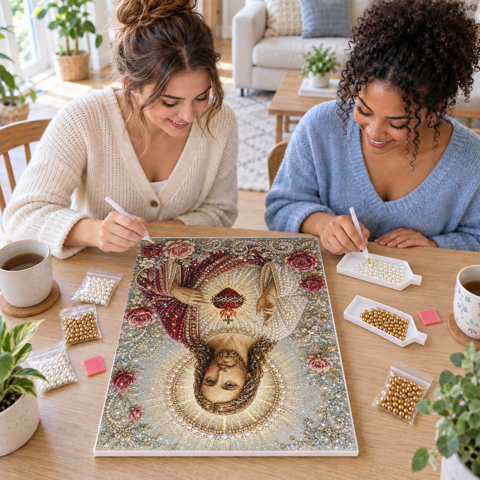 Two friends creating one shared Pearl artwork — Sacred Heart of Jesus with Roses and a Pearl Halo. Pearl diamond painting DIY kit by Isuvio.