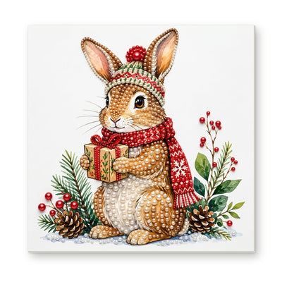 Straight dimensional white-background mockup of the complete artwork — Christmas Rabbit Carrying a Green Gift. Pearl diamond painting DIY kit by Isuvio.