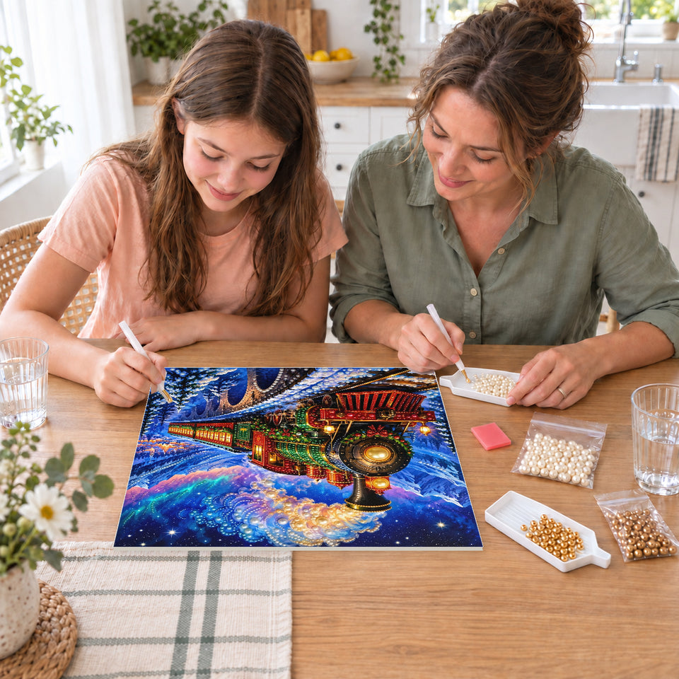 Mother and daughter creating one shared Pearl artwork — Christmas Train beneath the Northern Lights. Pearl diamond painting DIY kit by Isuvio.