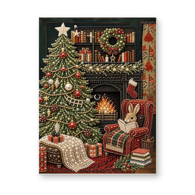 Straight dimensional white-background mockup of the complete artwork — Christmas Tree by the Library Fireplace. Pearl diamond painting DIY kit by Isuvio.