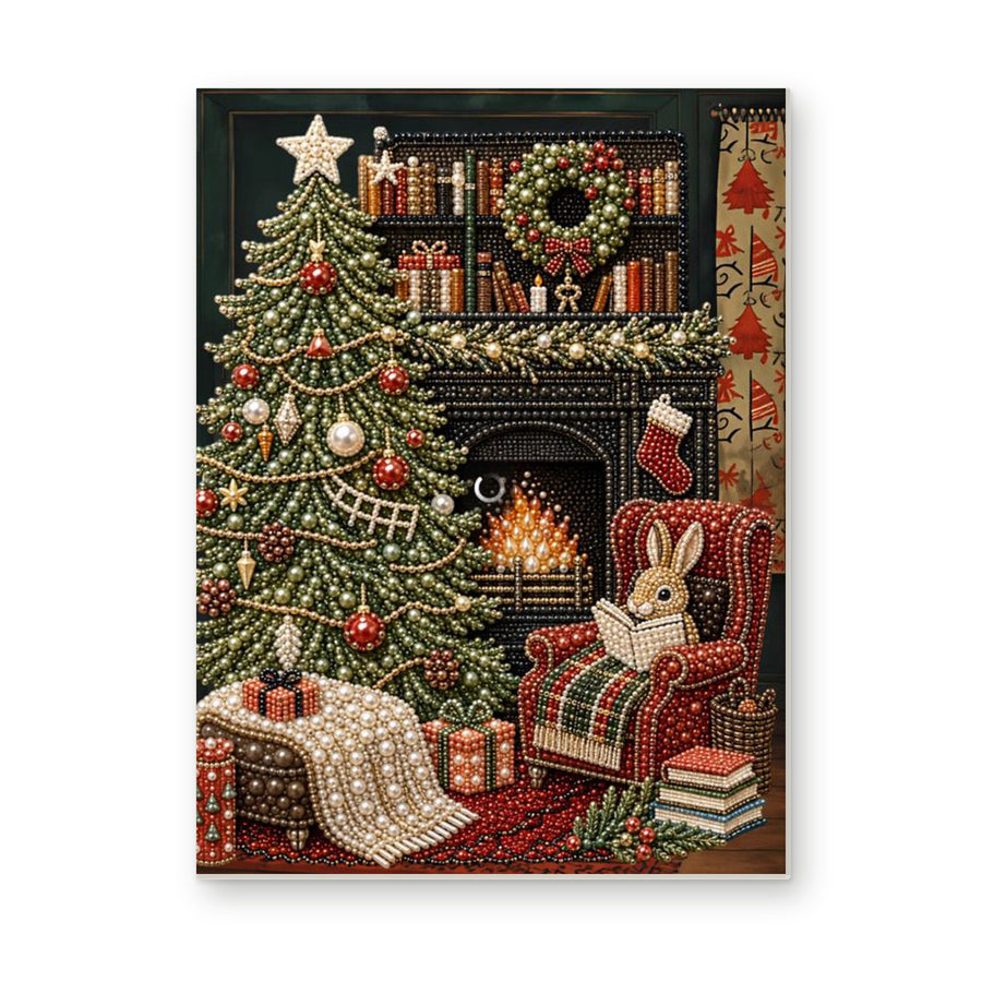Straight dimensional white-background mockup of the complete artwork — Christmas Tree by the Library Fireplace. Pearl diamond painting DIY kit by Isuvio.