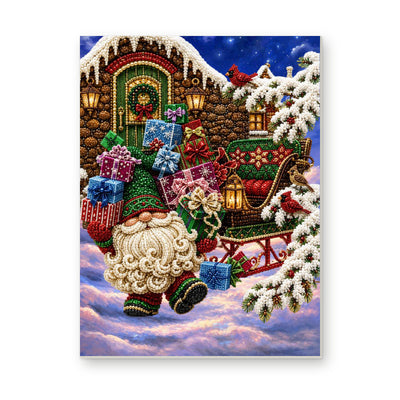 Straight dimensional white-background mockup of the complete artwork — Christmas Gnome with a Sleigh of Presents. Pearl diamond painting DIY kit by Isuvio.