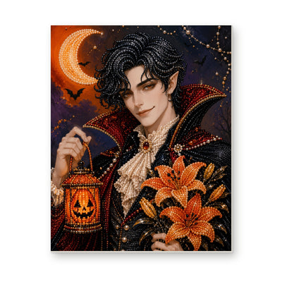 Straight dimensional white-background mockup of the complete artwork — Moonlit Vampire with Orange Lilies. Pearl diamond painting DIY kit by Isuvio.