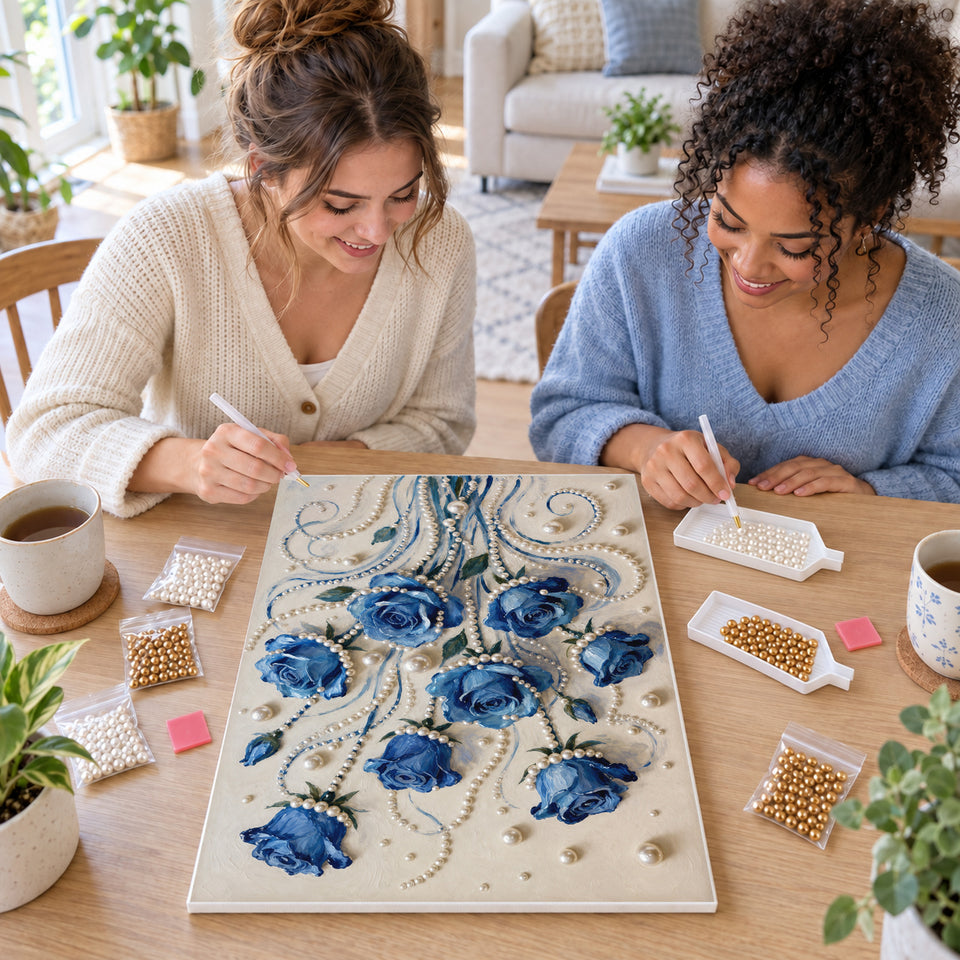 Two friends creating one shared Pearl artwork — Blue Pearl Rose Bouquet. Pearl diamond painting DIY kit by Isuvio.