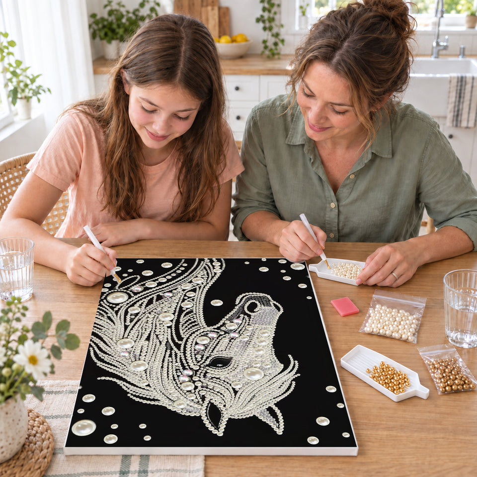 Mother and daughter creating one shared Pearl artwork — White Pearl Horse Portrait on Black. Pearl diamond painting DIY kit by Isuvio.
