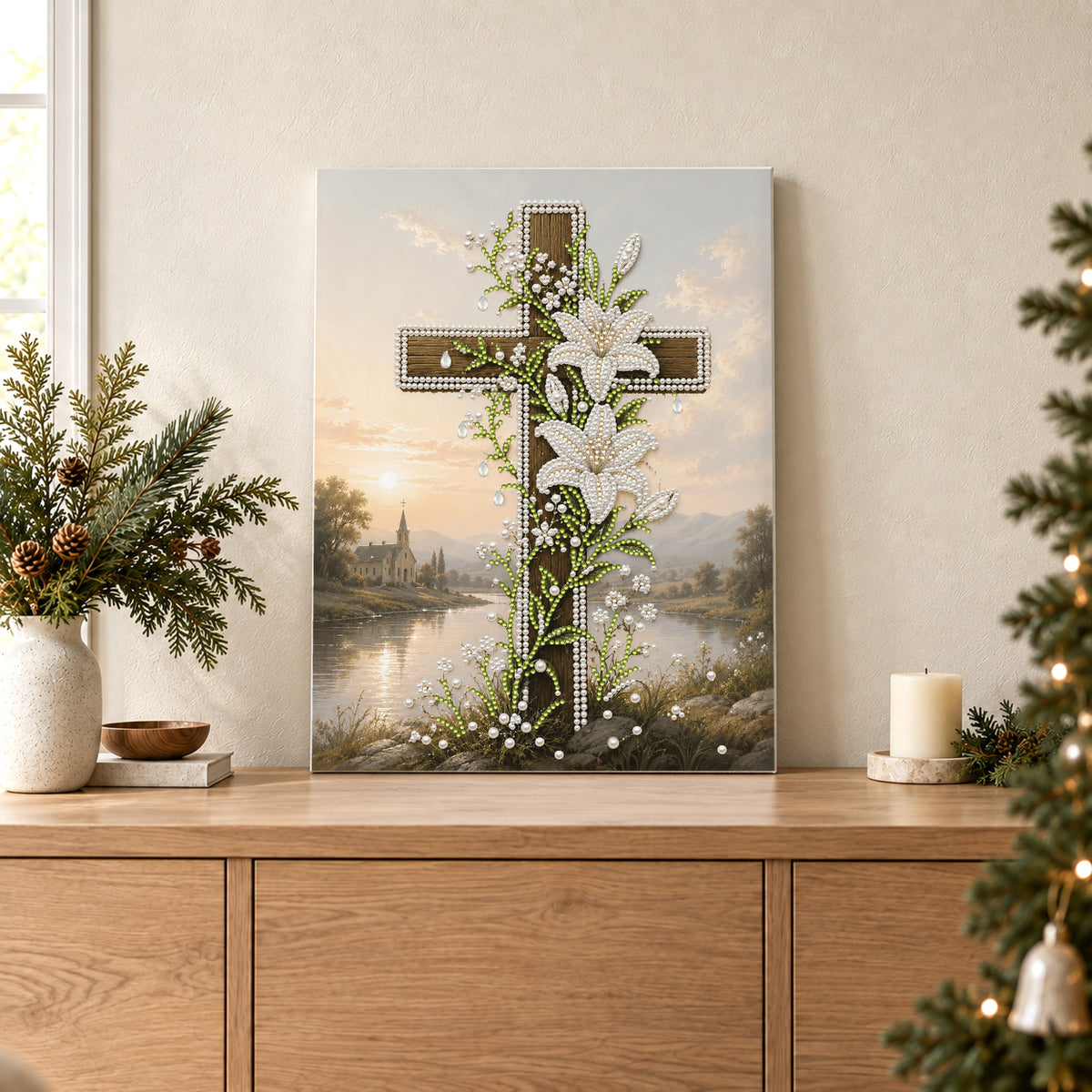 Holzkreuz mit weißen Lilien an einem Fluss