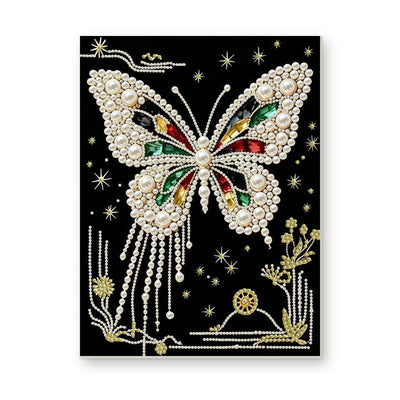 Straight dimensional white-background mockup of the complete artwork — White Pearl Butterfly with Colored Gems on Black. Pearl diamond painting DIY kit by Isuvio.