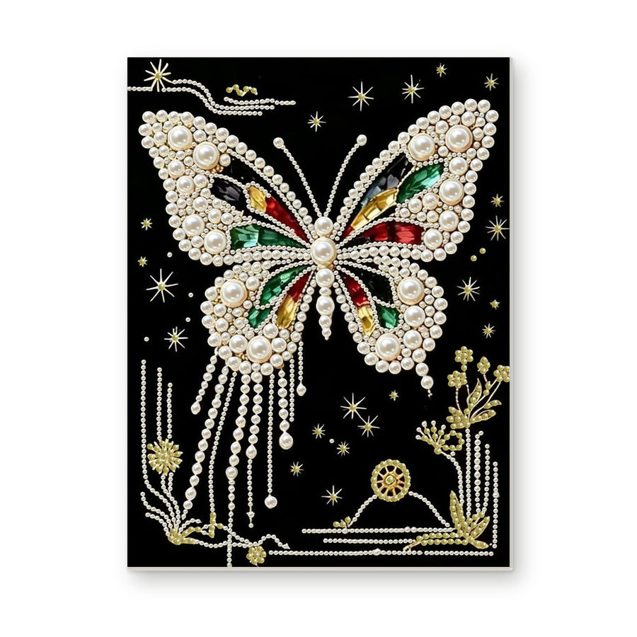 Straight dimensional white-background mockup of the complete artwork — White Pearl Butterfly with Colored Gems on Black. Pearl diamond painting DIY kit by Isuvio.