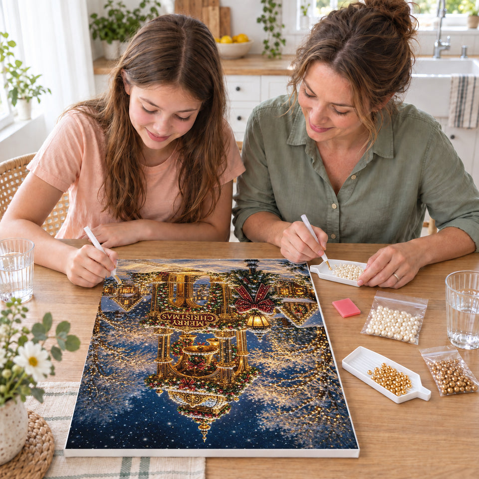Mother and daughter creating one shared Pearl artwork — Golden Christmas Bell Tower in the Snow. Pearl diamond painting DIY kit by Isuvio.