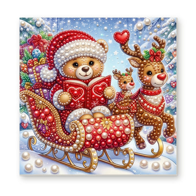 Straight dimensional white-background mockup of the complete artwork — Christmas Teddy Bear in a Red Reindeer Sleigh. Pearl diamond painting DIY kit by Isuvio.