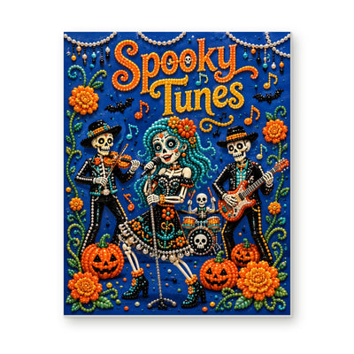 Straight dimensional white-background mockup of the complete artwork — Spooky Tunes Skeleton Musicians. Pearl diamond painting DIY kit by Isuvio.