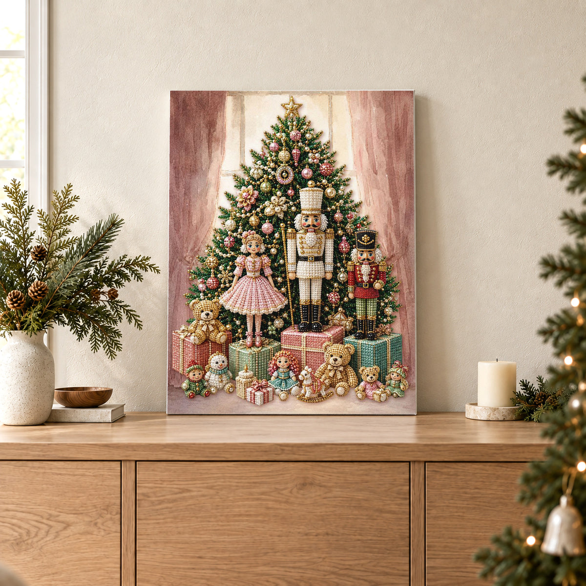 Sapin de Noël rose avec casse-noisettes et jouets